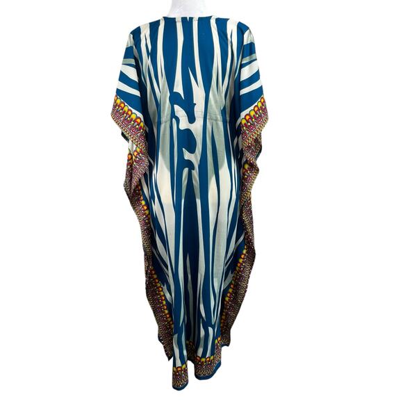 Shoreline Wear Blue Multi Abstract Animal Stripe Cinched Kaftan Midi Dress OS - Picture 4 of 16
